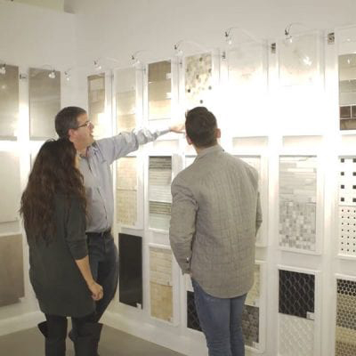 material selection Clients and project manager looking at materials at the design centre