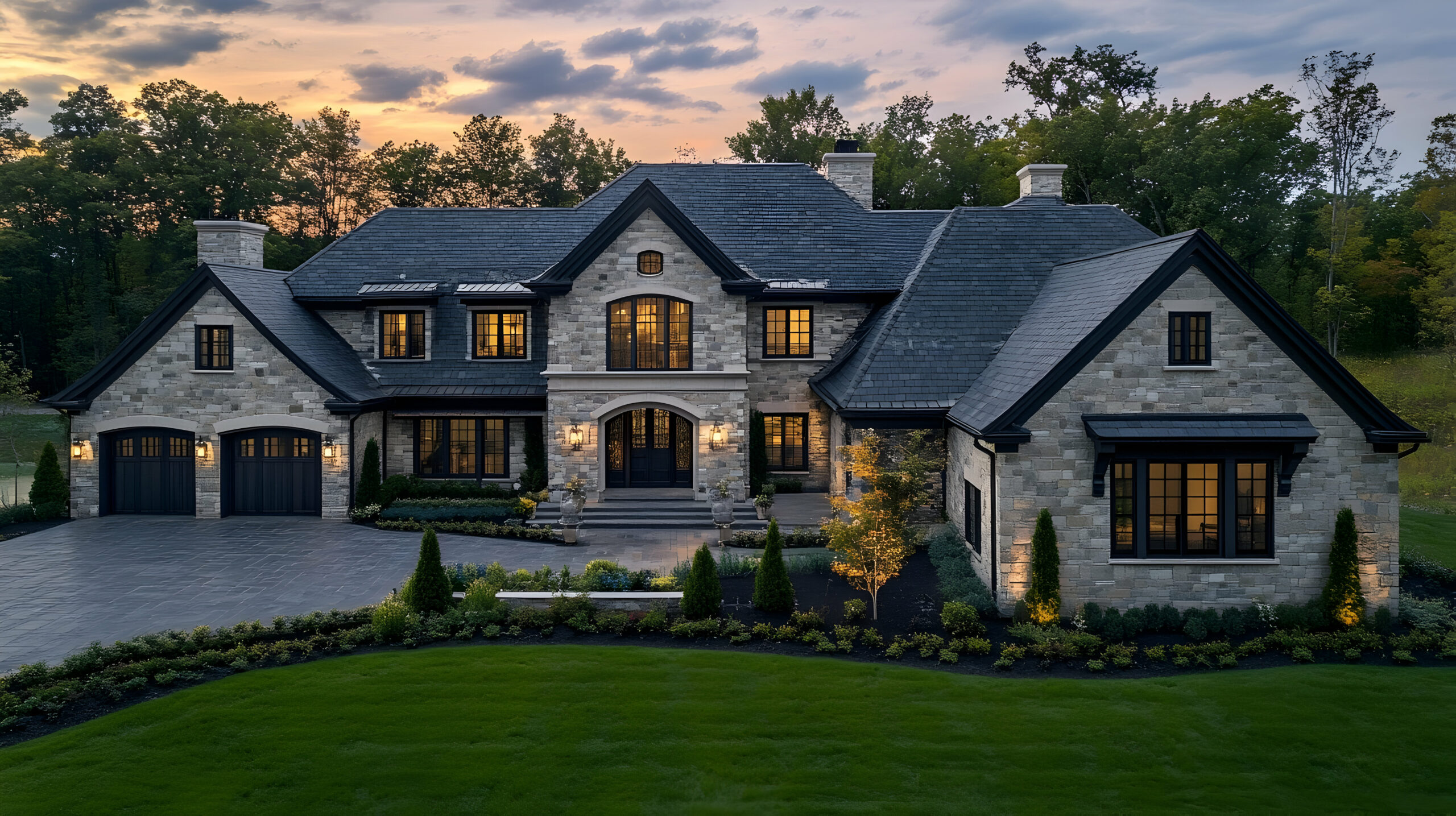large house, evening, lights on