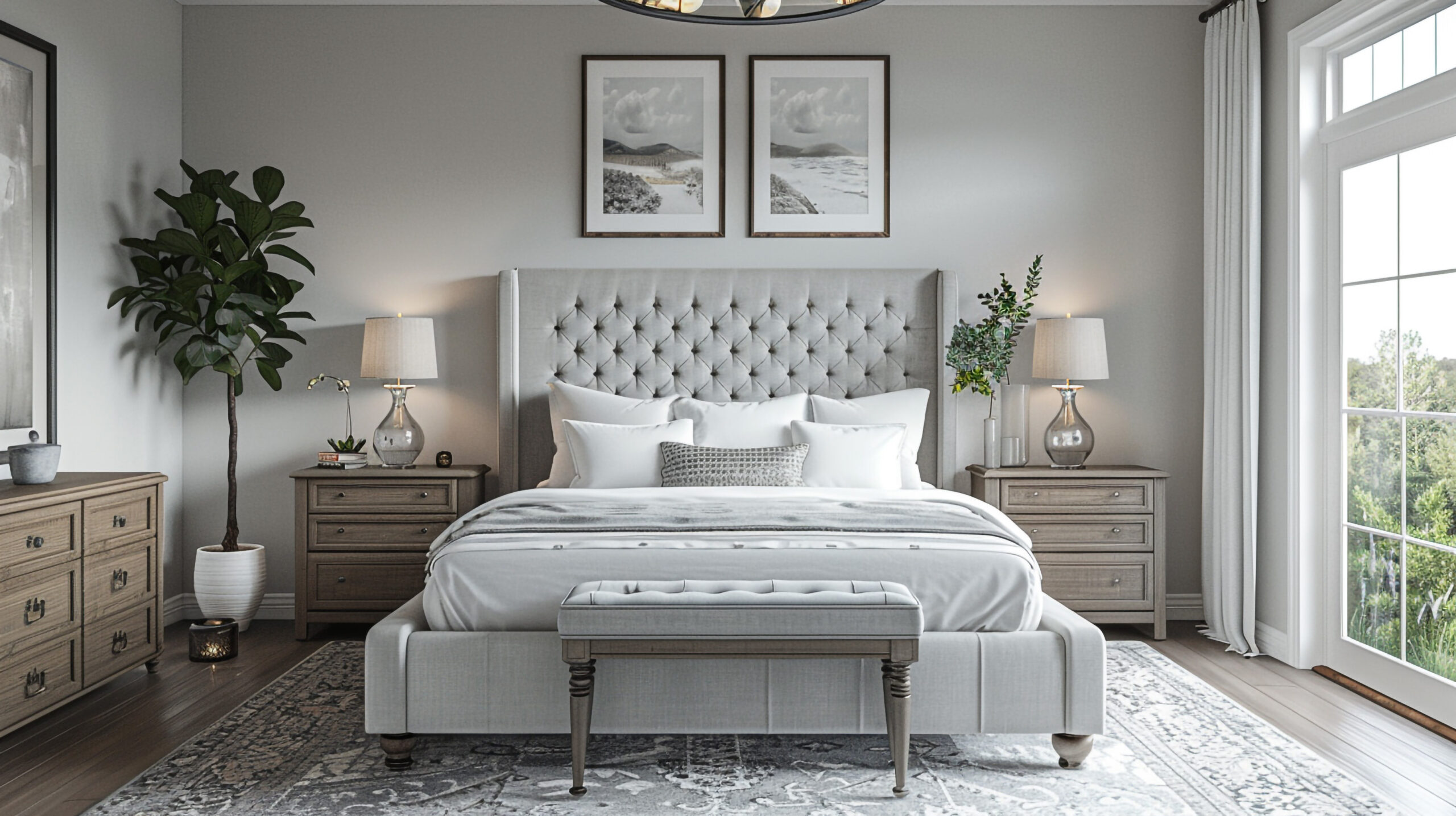 decorated bedroom, white and beige, headboard