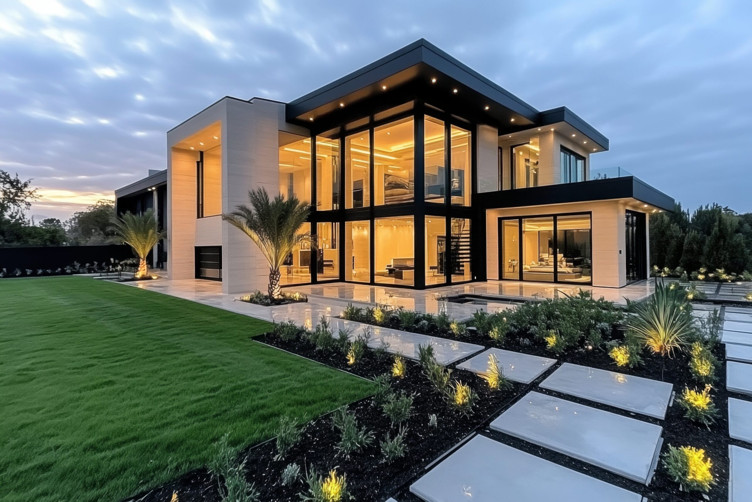 large house with many windows and indoor lighting