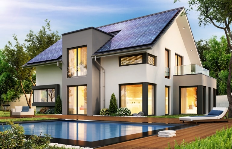 OakWood Net Zero Custom Home with solar panels on roof