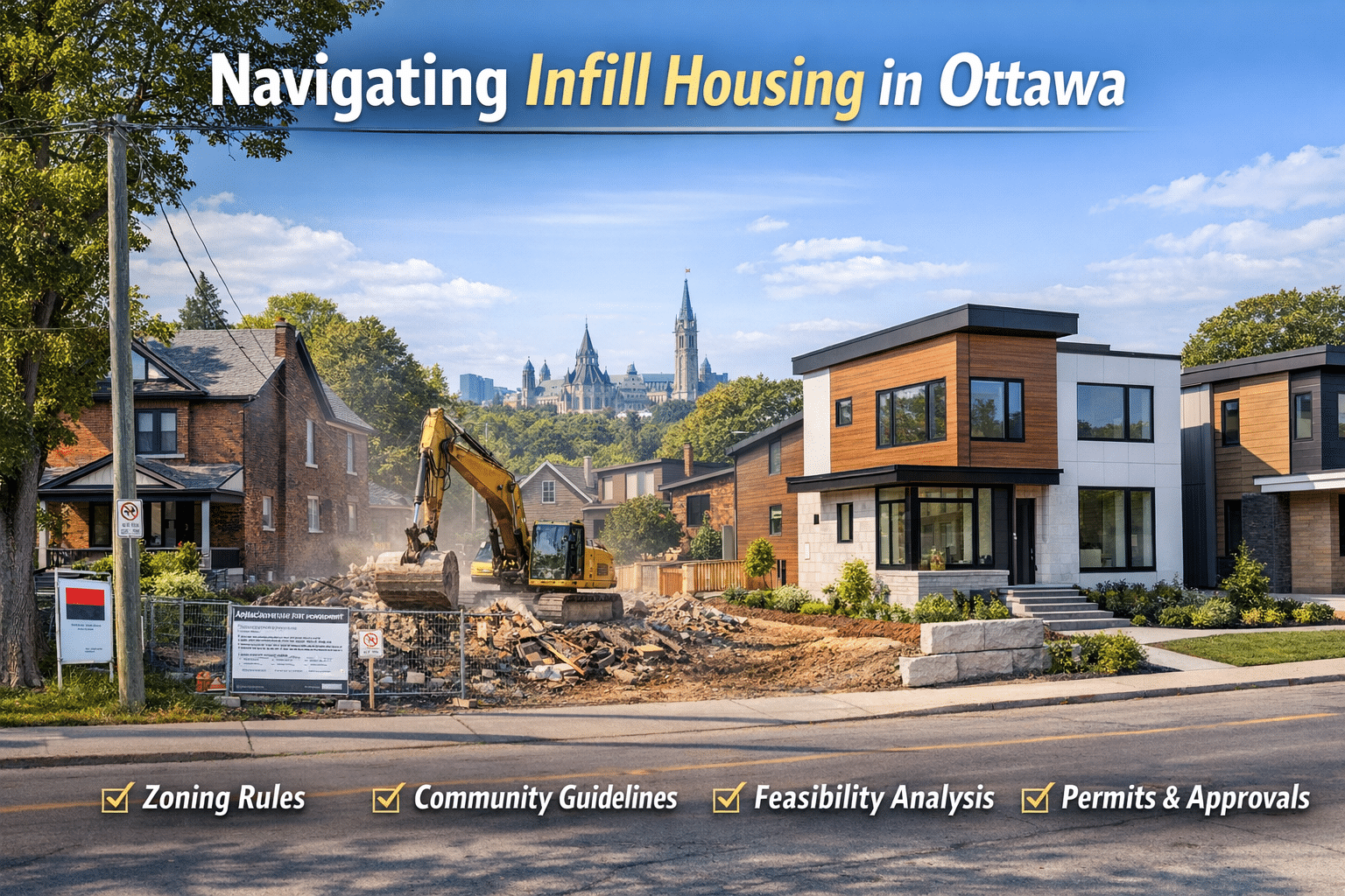 Ottawa infill housing showing demolition and modern new homes.